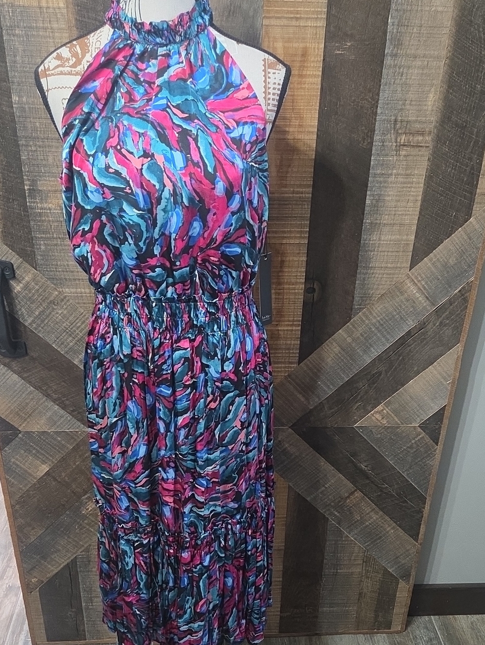 Nicole Miller Halter Maxi Dress in Fuchsia & Teal Abstract Print